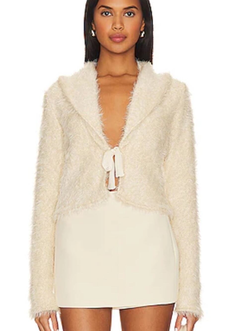 Free People Mina Plush Open-Front Ivory Fuzzy Jacket Tie Closure size small